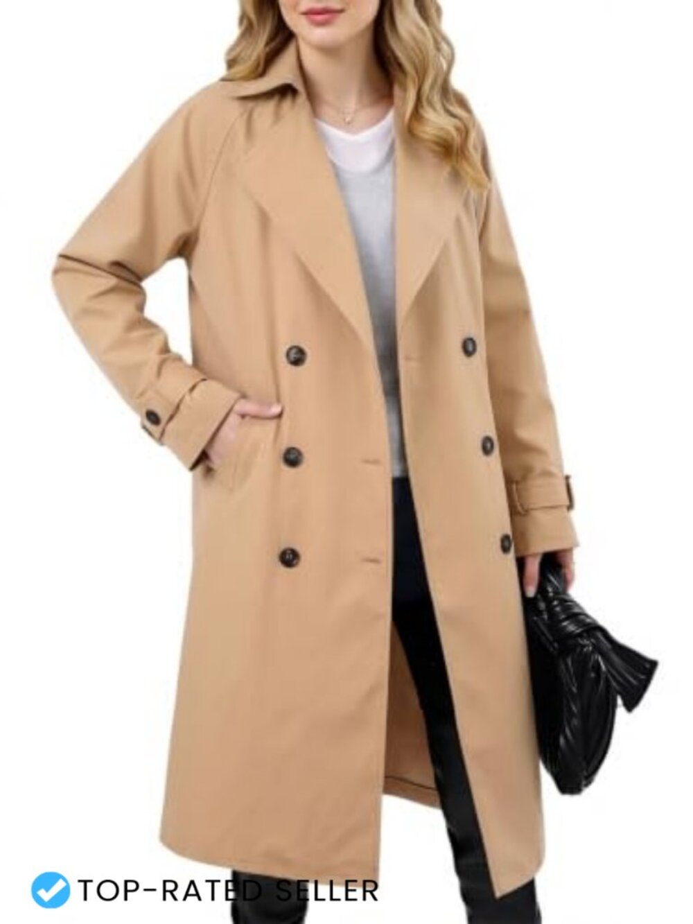 Double Breasted Long Trench Coat Lapel Overcoat with Belt